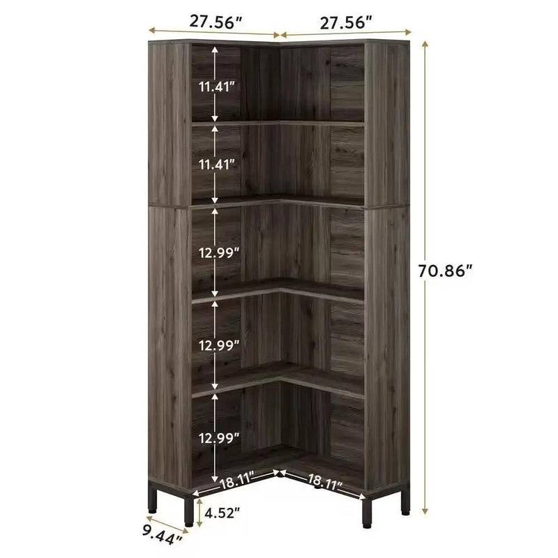 71-inch High Corner Bookcase Bookshelf in Dark Gray Wood Finish by HomePacific