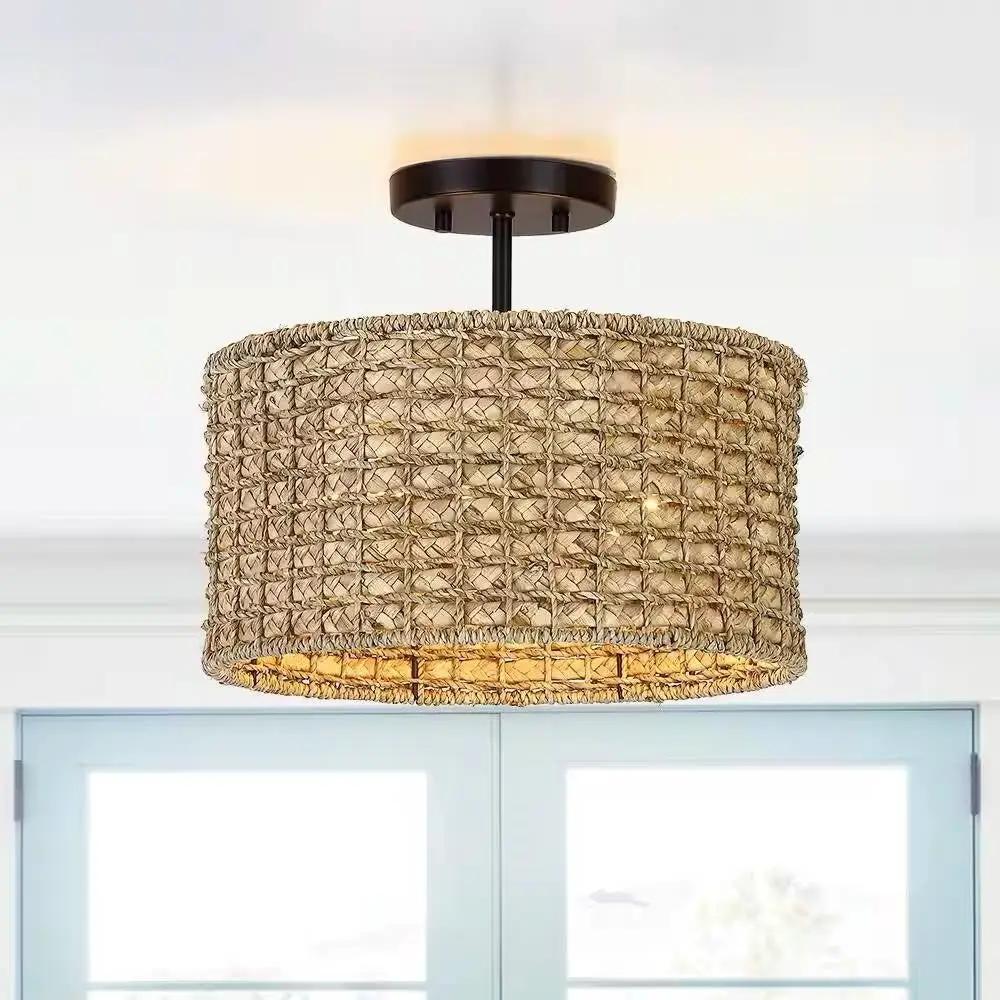 Bohemian 13.6-inch Round Rattan Drum 2-Light Ceiling Light - Semi-Flush Mount by HomePacific