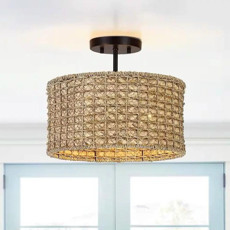 Bohemian 13.6-inch Round Rattan Drum 2-Light Ceiling Light - Semi-Flush Mount by HomePacific