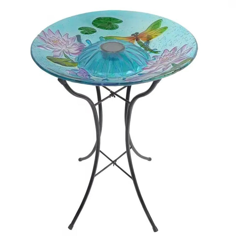 Outdoor Glass Bowl Bird Bath with Black Metal Stand and Solar Powered Light by HomePacific