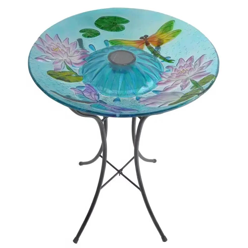Outdoor Glass Bowl Bird Bath with Black Metal Stand and Solar Powered Light by HomePacific