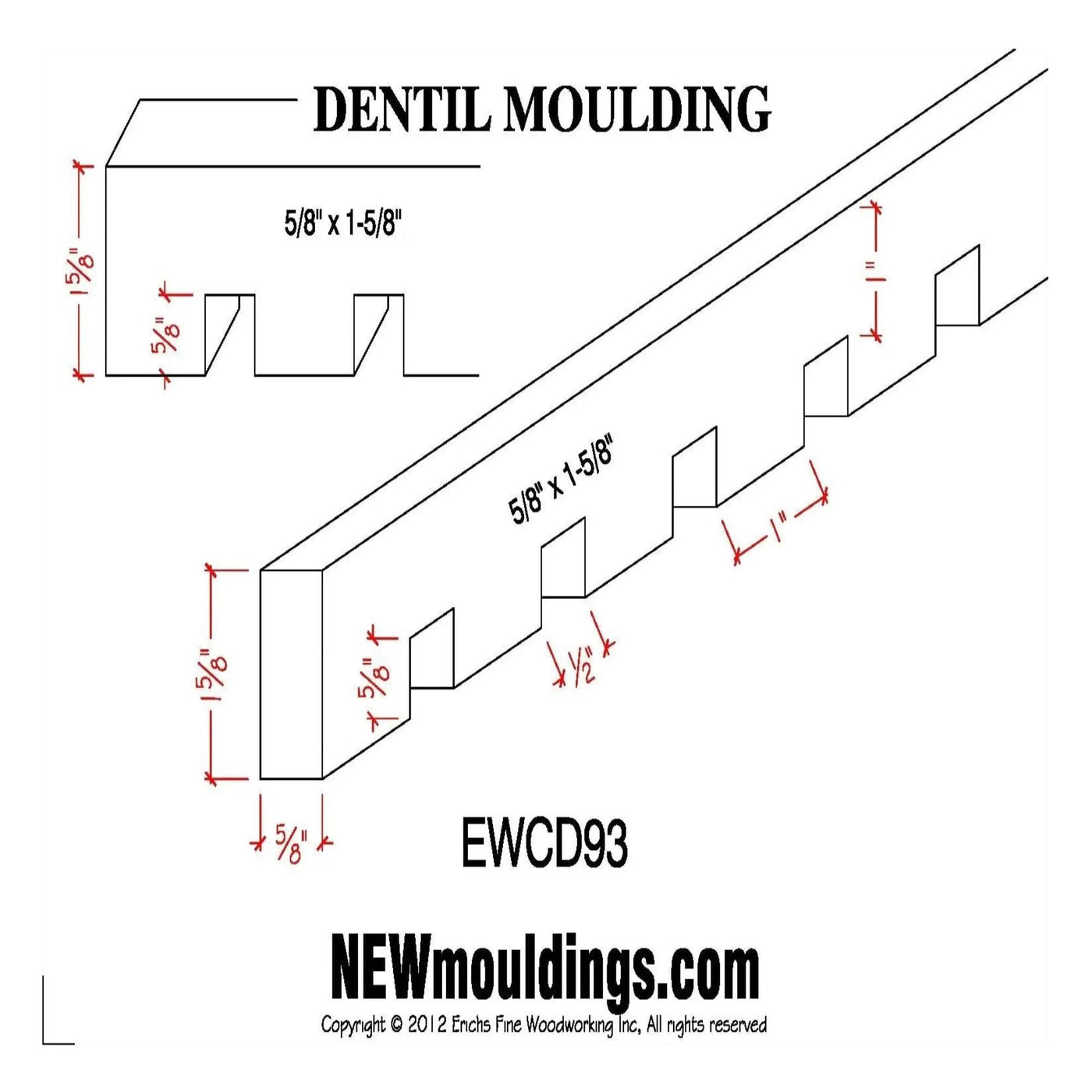 EWCD93 Dentil Moulding 1-5/8" High x 5/8" Trim. Unfinished by NewMouldings