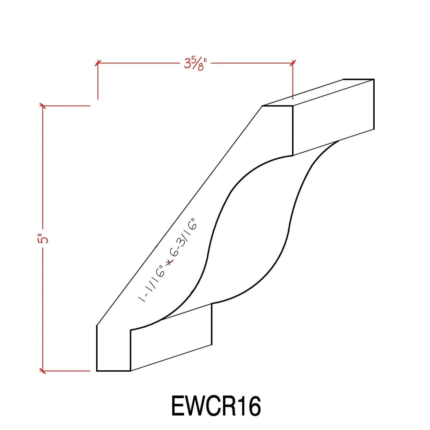 EWCR16 Crown 1-1/16" x 6-3/16" Unfinished 5" High x 3-5/8" Deep by NewMouldings