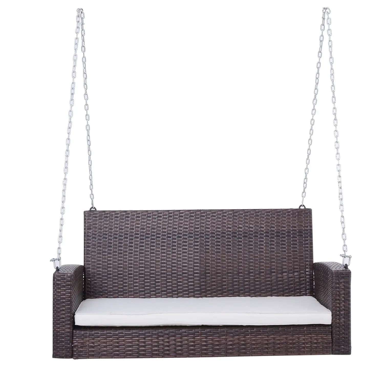 Espresso Wicker Porch Swing 7ft Hanging Chain with Cream Padded Cushion by HomePacific