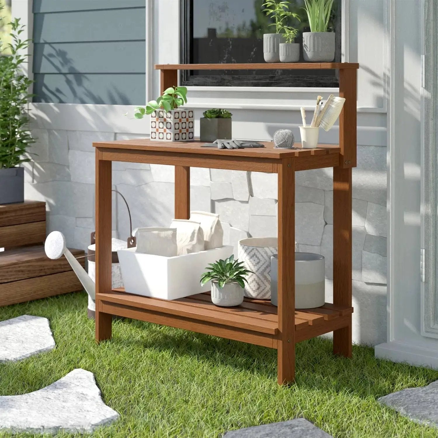 Solid Meranti Wood Outdoor Garden Potting Bench Table with Bottom Shelf by HomePacific