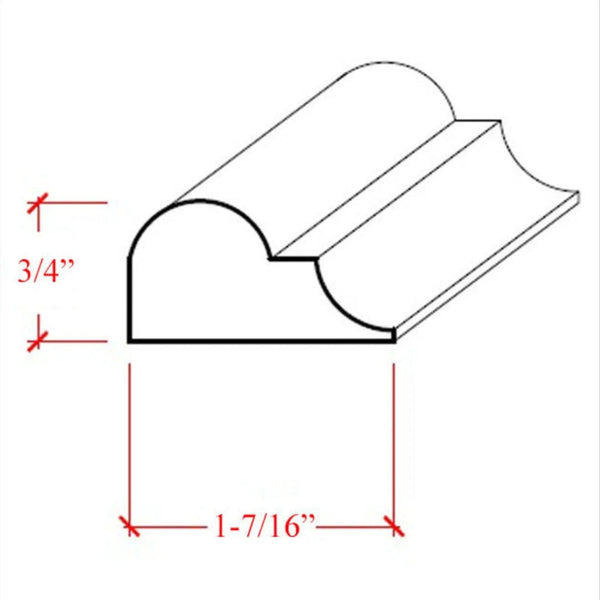 EWPM26 Nose and Cove Panel Molding 1-7/16" wide x 3/4" Trim. Unfinished, dimensions drawing