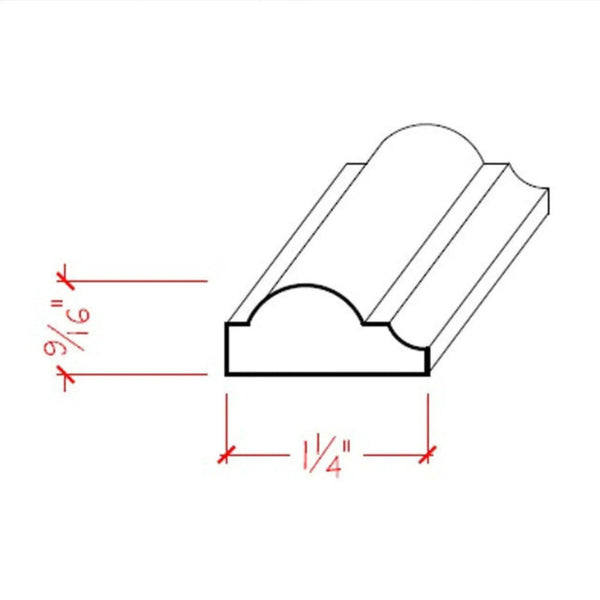 EWPM33 Nose & Cove Panel Molding 1-1/4" wide x 9/16" Trim. Unfinished, dimensions drawing