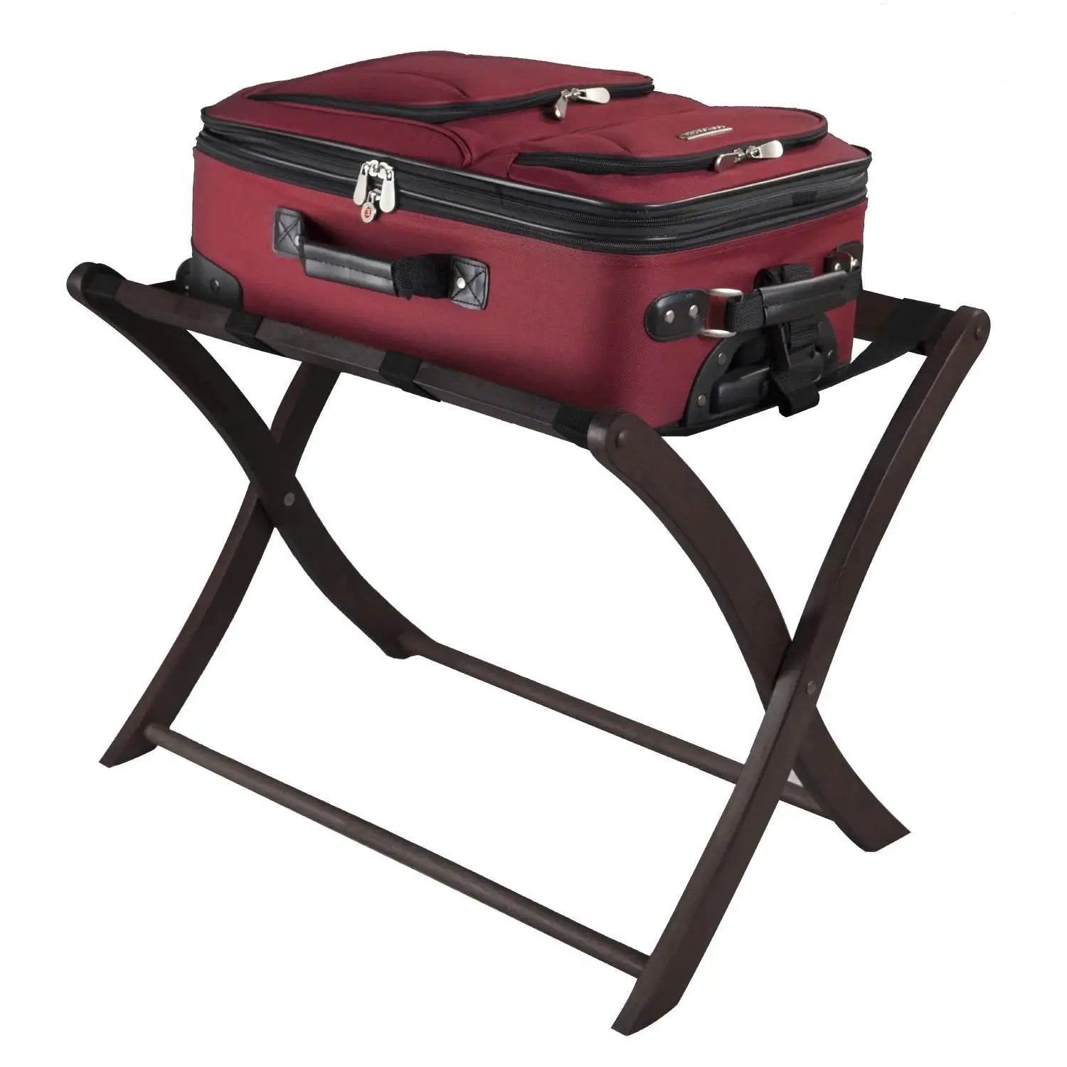 Solid Wood Folding Luggage Rack in Dark Brown Finish with Black Nylon Straps by HomePacific