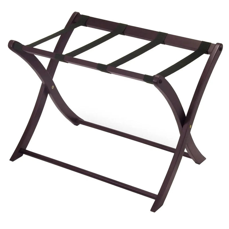 Solid Wood Folding Luggage Rack in Dark Brown Finish with Black Nylon Straps by HomePacific