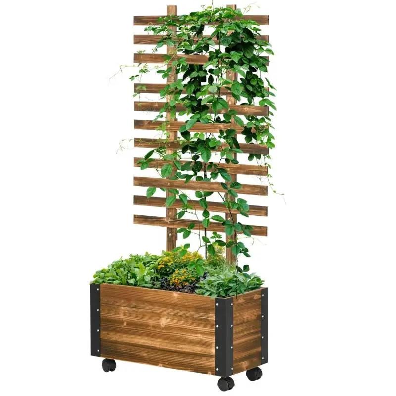 Farmhouse Rustic Wooden Raised Garden Bed Planter with Trellis on Wheels by HomePacific