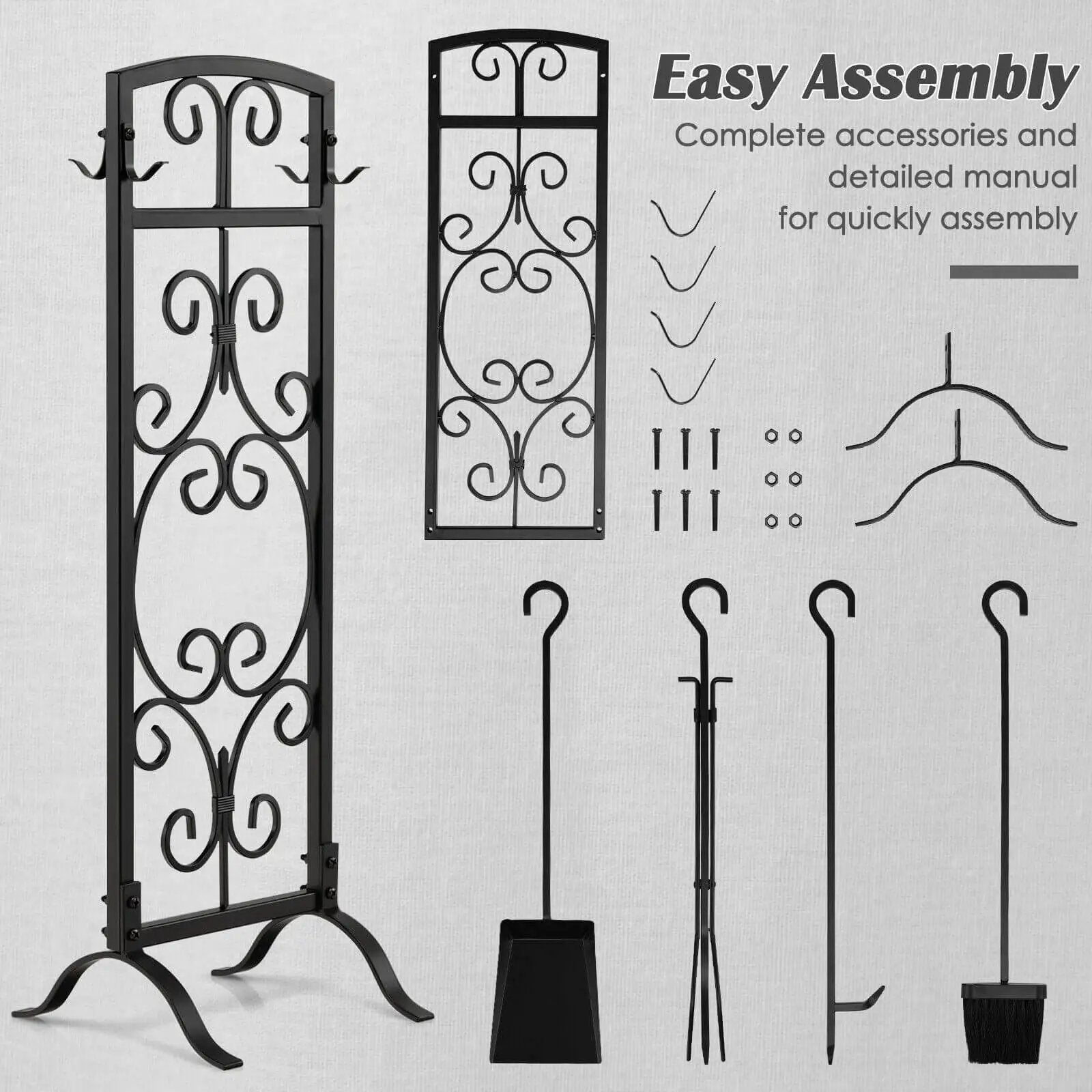 5 Piece Wrought Iron Fireplace Tools with Decor Holder-Black by DirectDeals