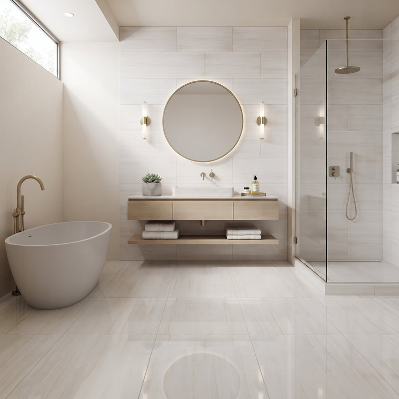 A modern bathroom interior with a freestanding oval bathtub, wall-mounted vanity, round mirror, gold-toned fixtures, and a glass shower enclosure.
