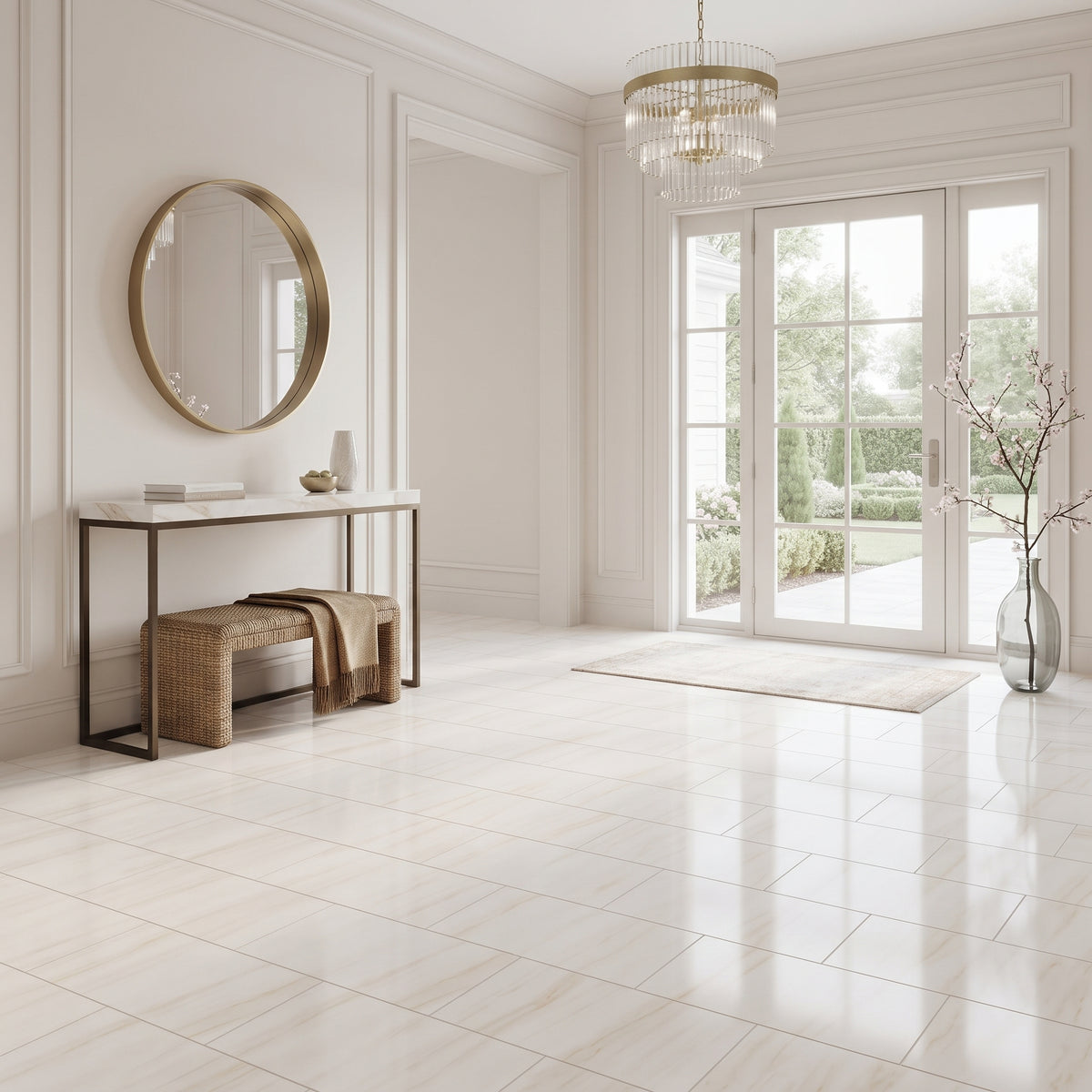 A bright, modern entryway with light beige marble-look floor tiles, white walls with decorative molding, a gold-framed round mirror, a console table, a woven bench, and glass French doors looking out to a garden.