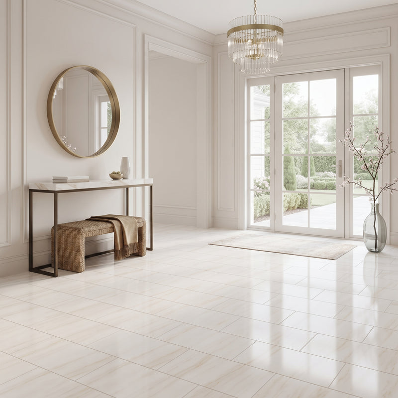 A bright, modern entryway with light beige marble-look floor tiles, white walls with decorative molding, a gold-framed round mirror, a console table, a woven bench, and glass French doors looking out to a garden.