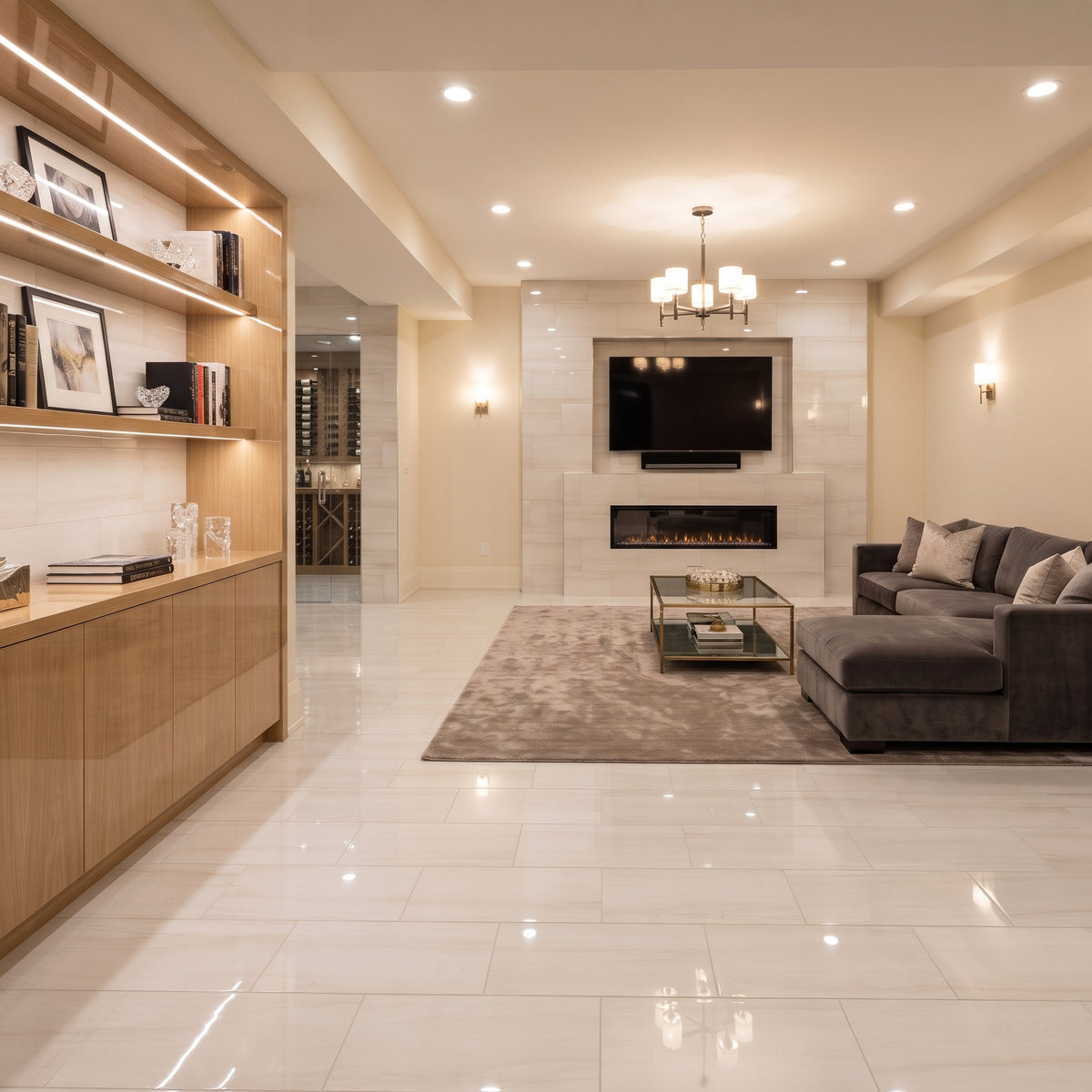 A modern living room with a dark gray sectional sofa, a glass coffee table, a built-in fireplace, and a large light-colored tile floor. A wooden bookshelf with built-in lighting is visible on the left.