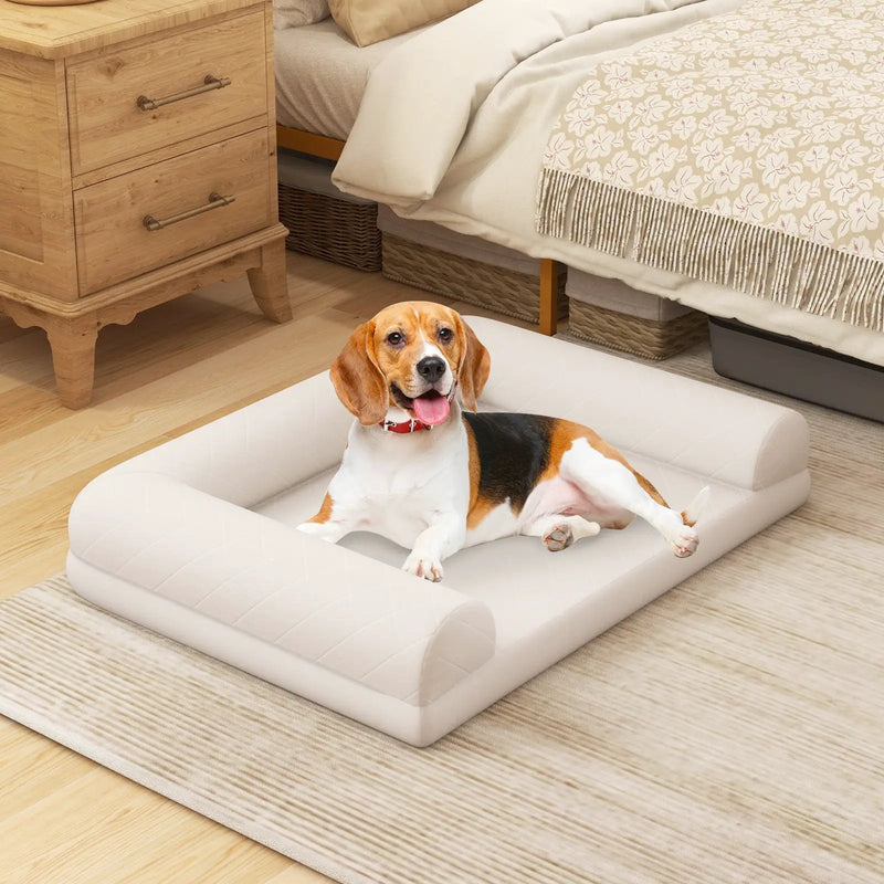 Egg-Foam Dog Crate Bed with 3-Side Bolster and Removable Washable Bed Cover-Beige by DirectDeals
