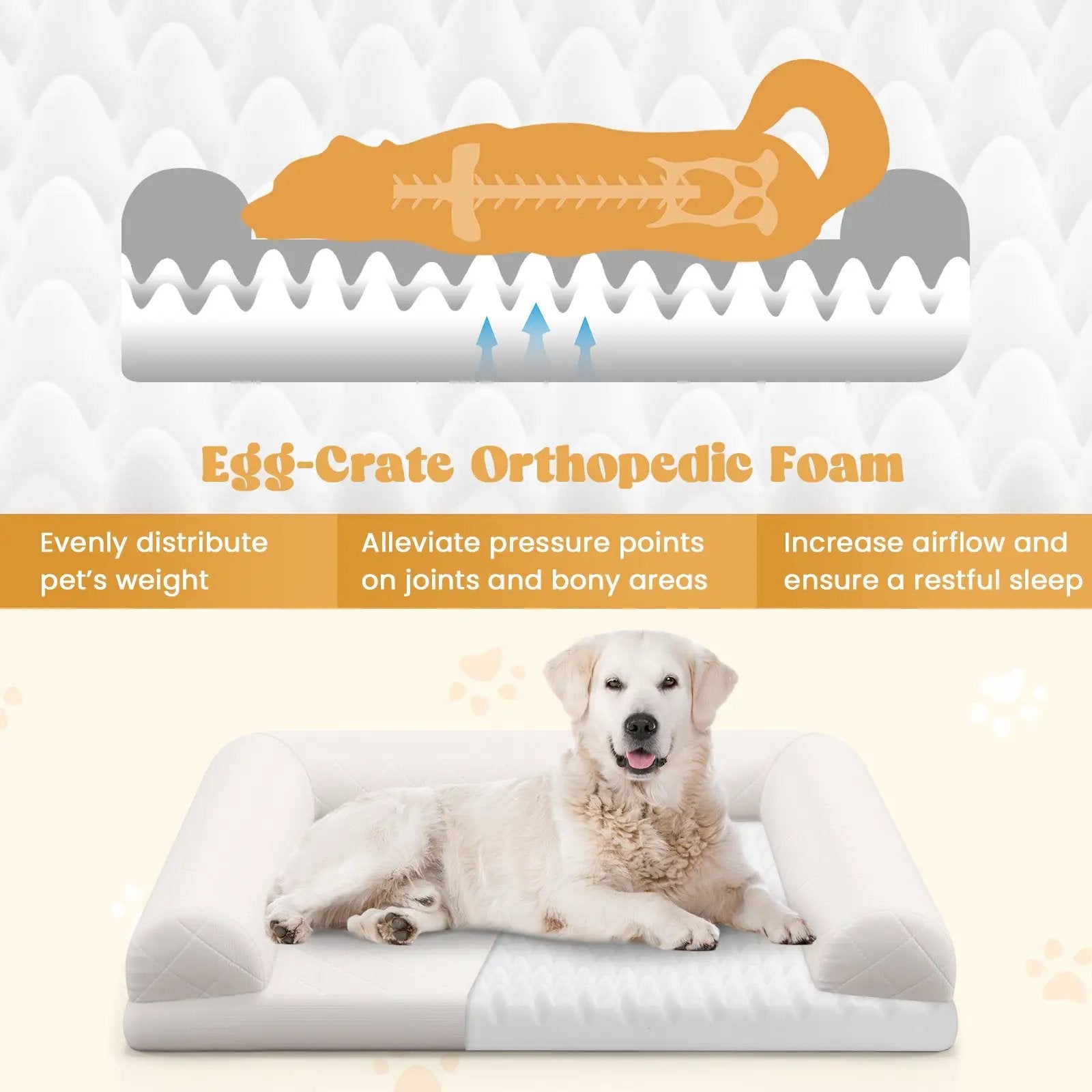 Egg-Foam Dog Crate Bed with 3-Side Bolster and Removable Washable Bed Cover-Beige by DirectDeals