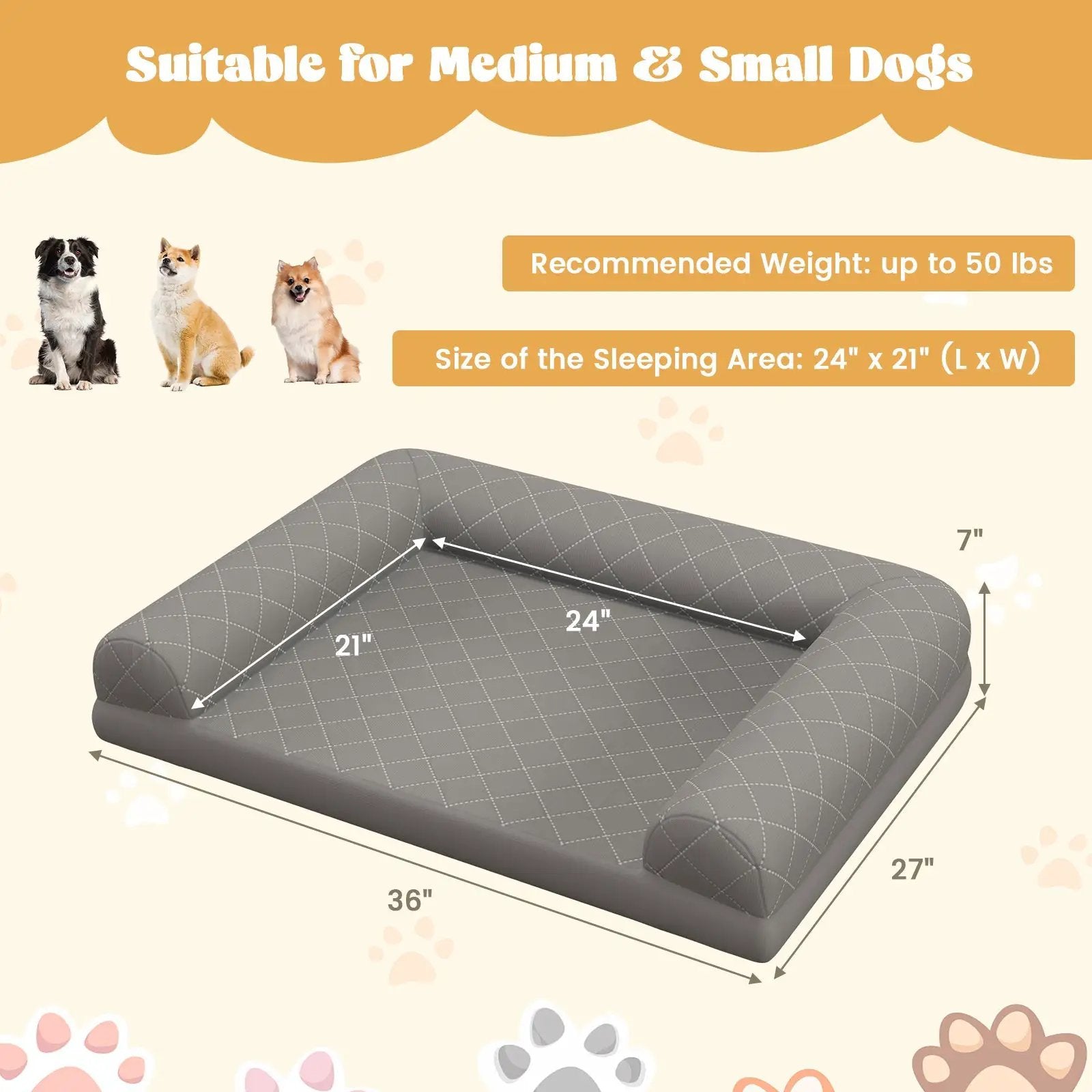 Egg-Foam Dog Crate Bed with 3-Side Bolster and Removable Washable Bed Cover-Gray by DirectDeals