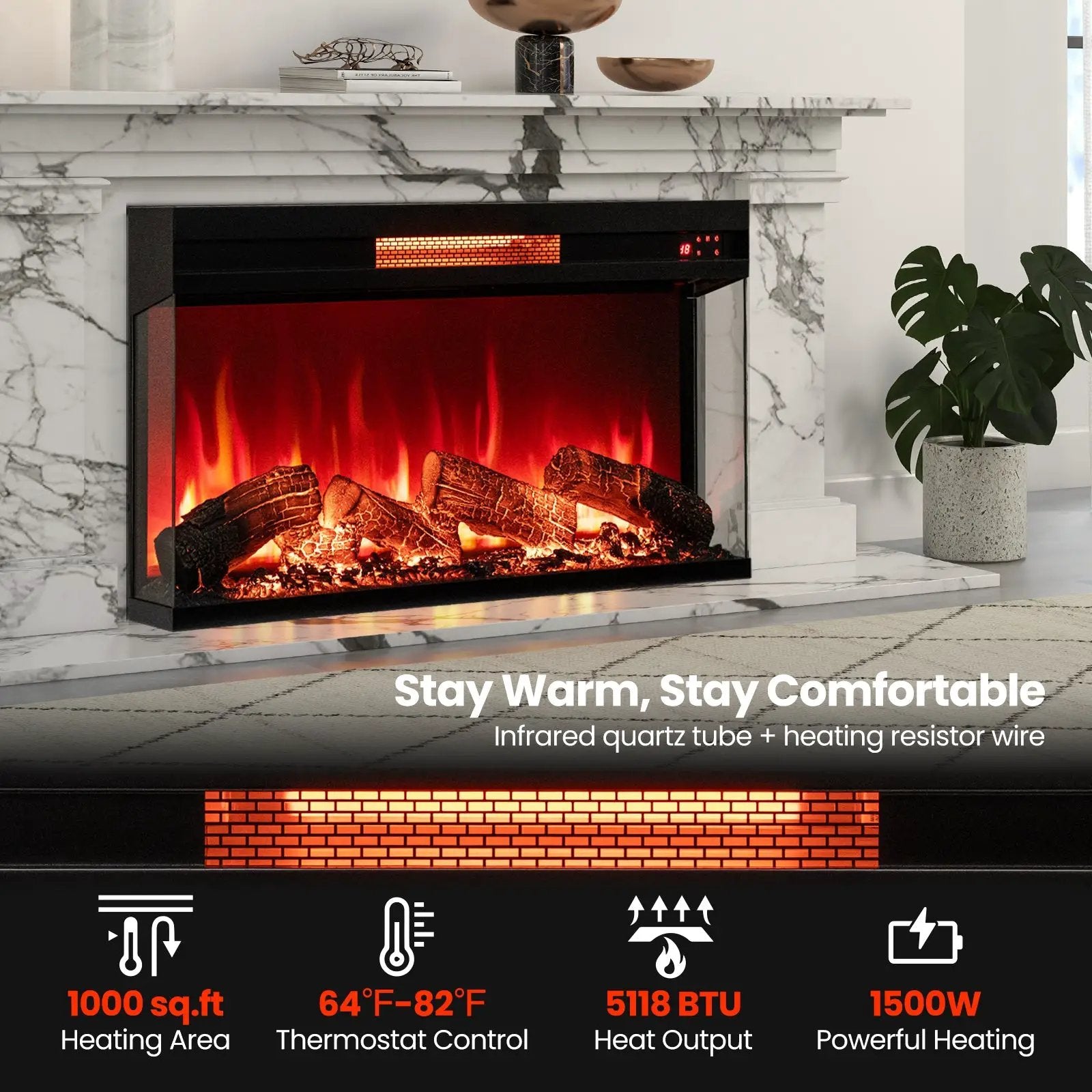 36 Inch 3-Sided 1500W Electric Fireplace with 7-Color Flame-Black by DirectDeals