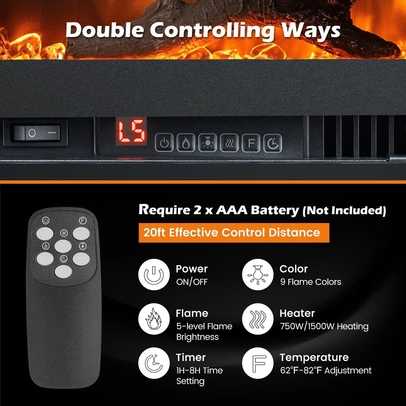 Electric Fireplace in-Wall Recessed with Remote Control and Adjustable Color and Brightness by DirectDeals