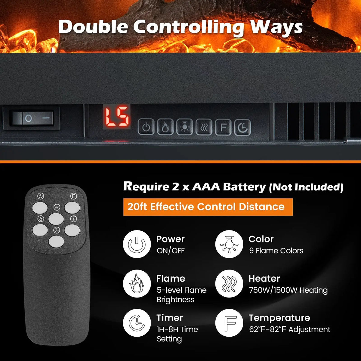 Electric Fireplace in-Wall Recessed with Remote Control and Adjustable Color and Brightness by DirectDeals