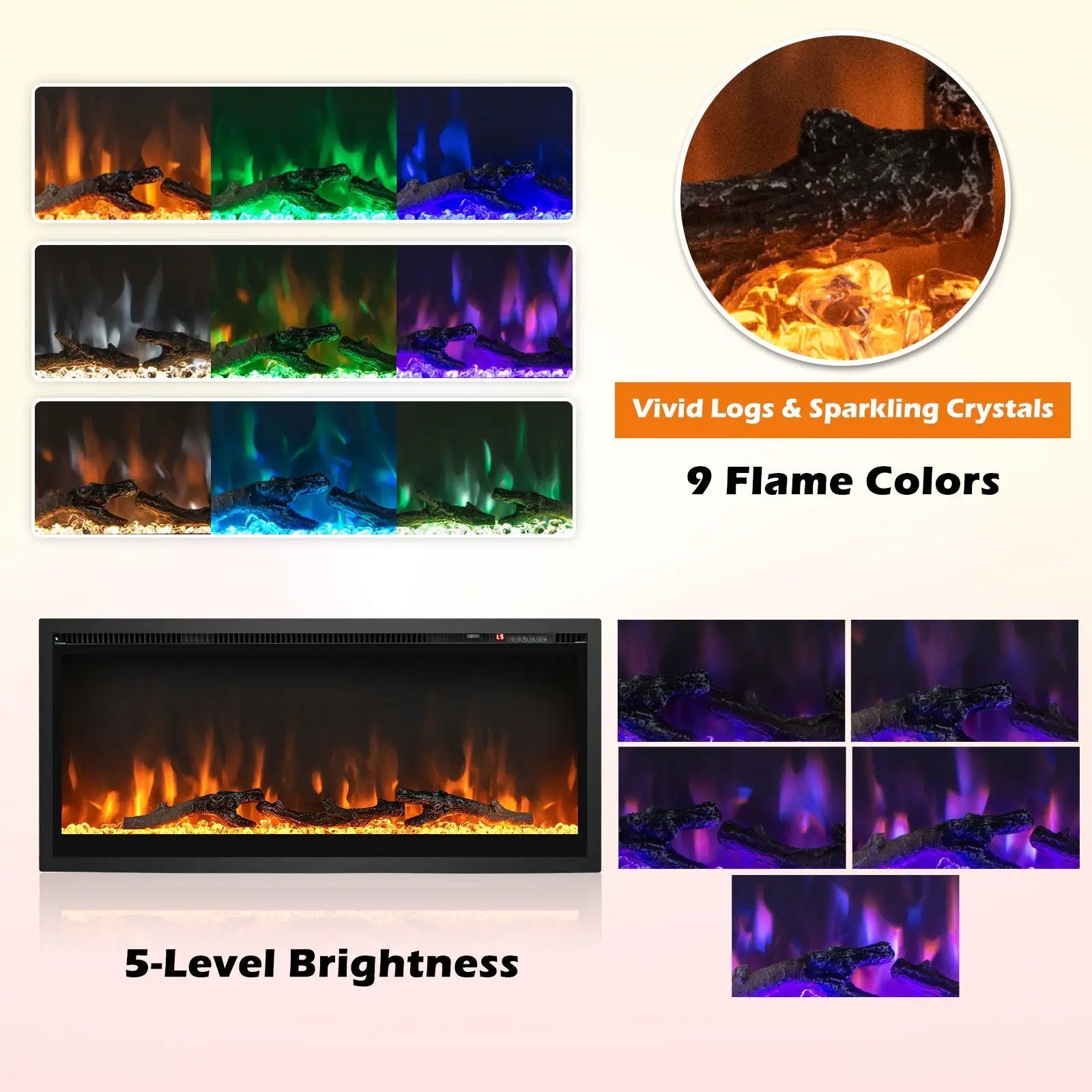 Electric Fireplace in-Wall Recessed with Remote Control and Adjustable Color and Brightness by DirectDeals