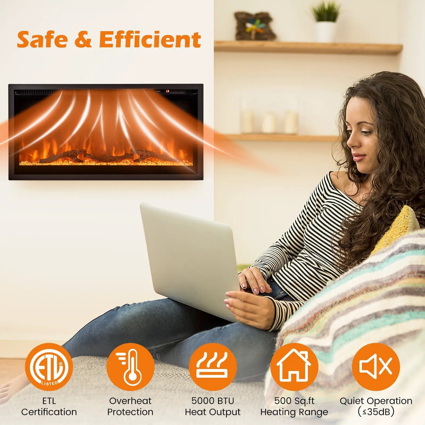 Electric Fireplace in-Wall Recessed with Remote Control and Adjustable Color and Brightness by DirectDeals