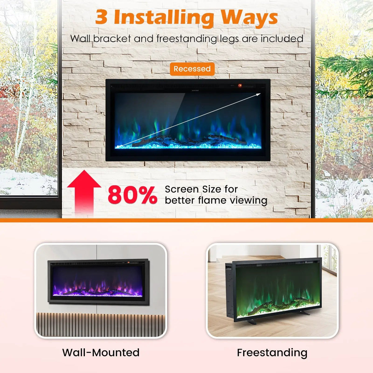 Electric Fireplace in-Wall Recessed with Remote Control and Adjustable Color and Brightness by DirectDeals