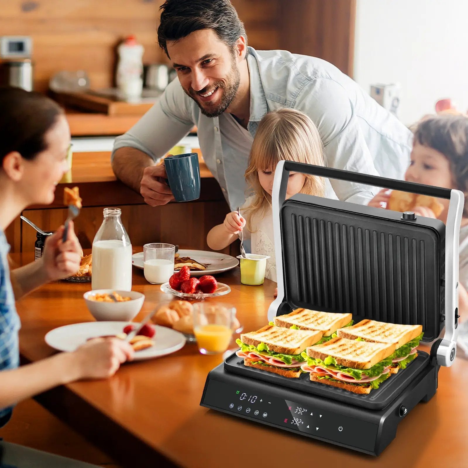 3 in 1 Indoor Electric Panini Press Grill with LED Display-Black by DirectDeals