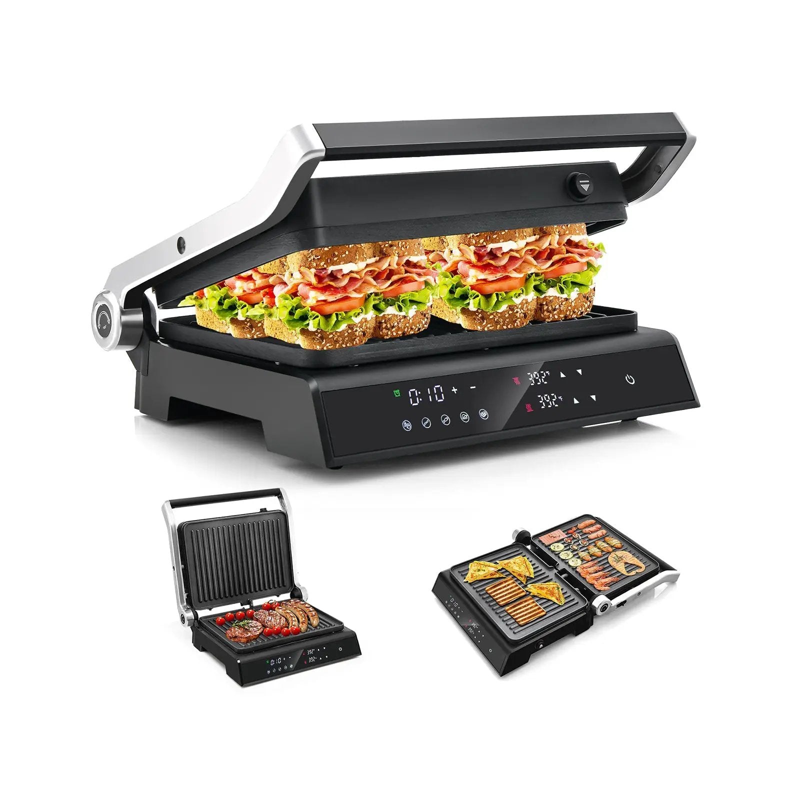 3 in 1 Indoor Electric Panini Press Grill with LED Display-Black by DirectDeals