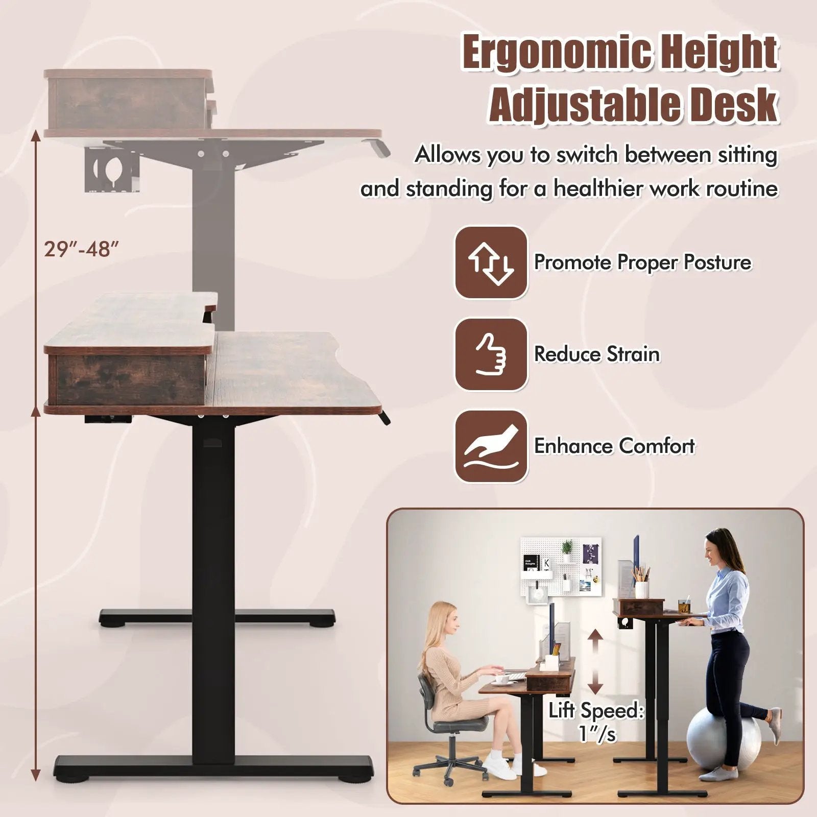 63 Inch x 24 Inch Electric Standing Desk with 2 Drawers by DirectDeals