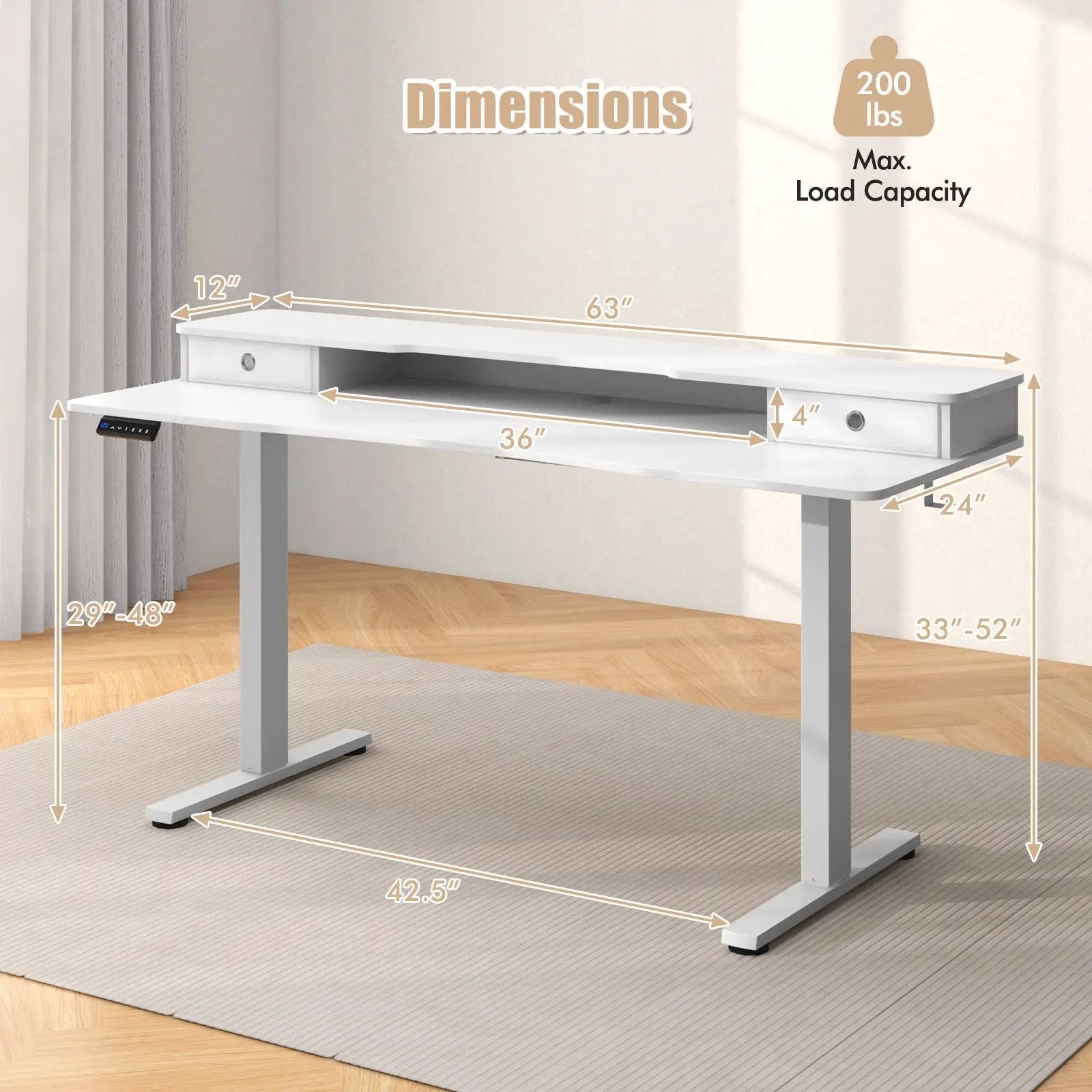 63 Inch x 24 Inch Electric Standing Desk with 2 Drawers by DirectDeals
