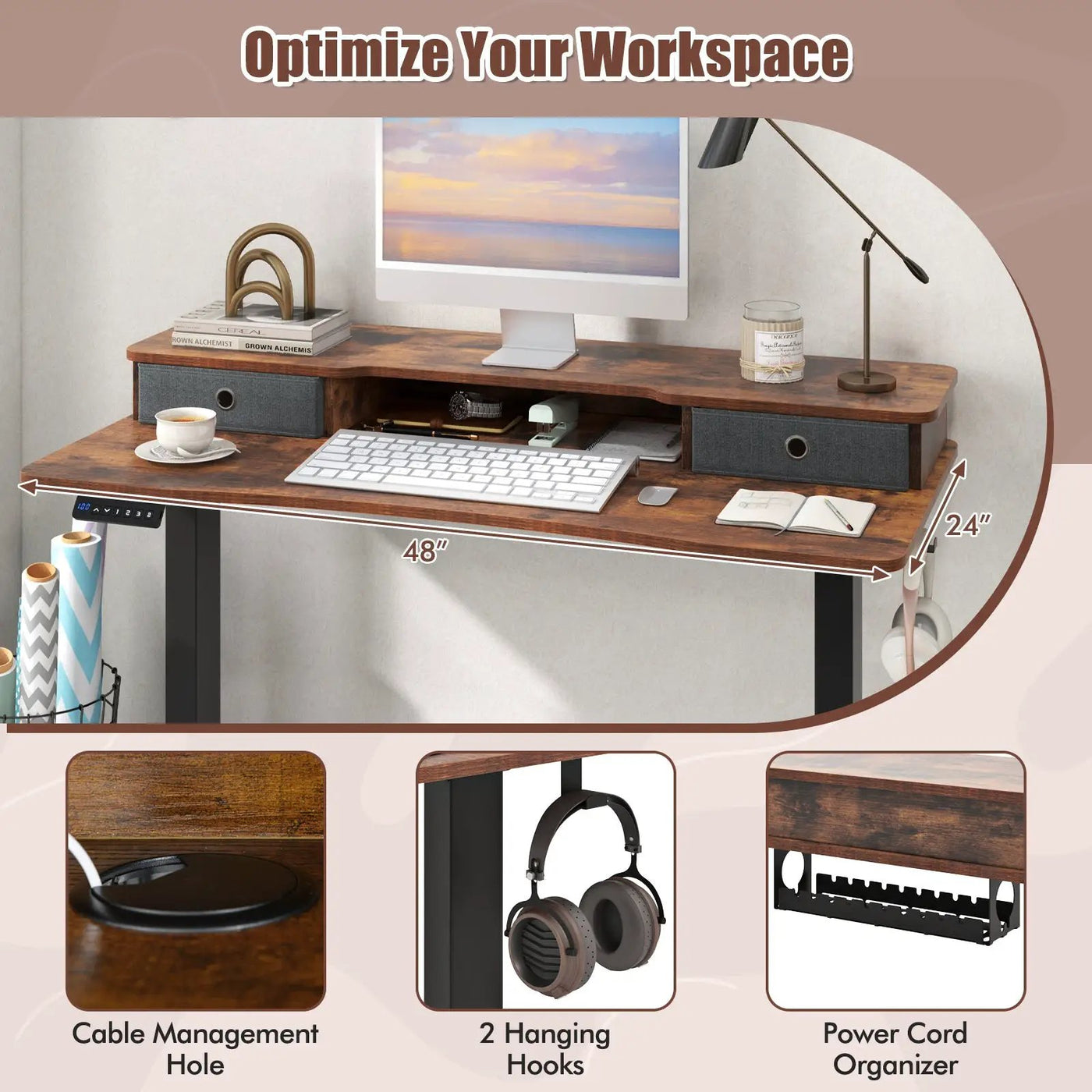 48 Inch x 24 Inch Height Adjustable Electric Standing Desk with 2 Drawers by DirectDeals