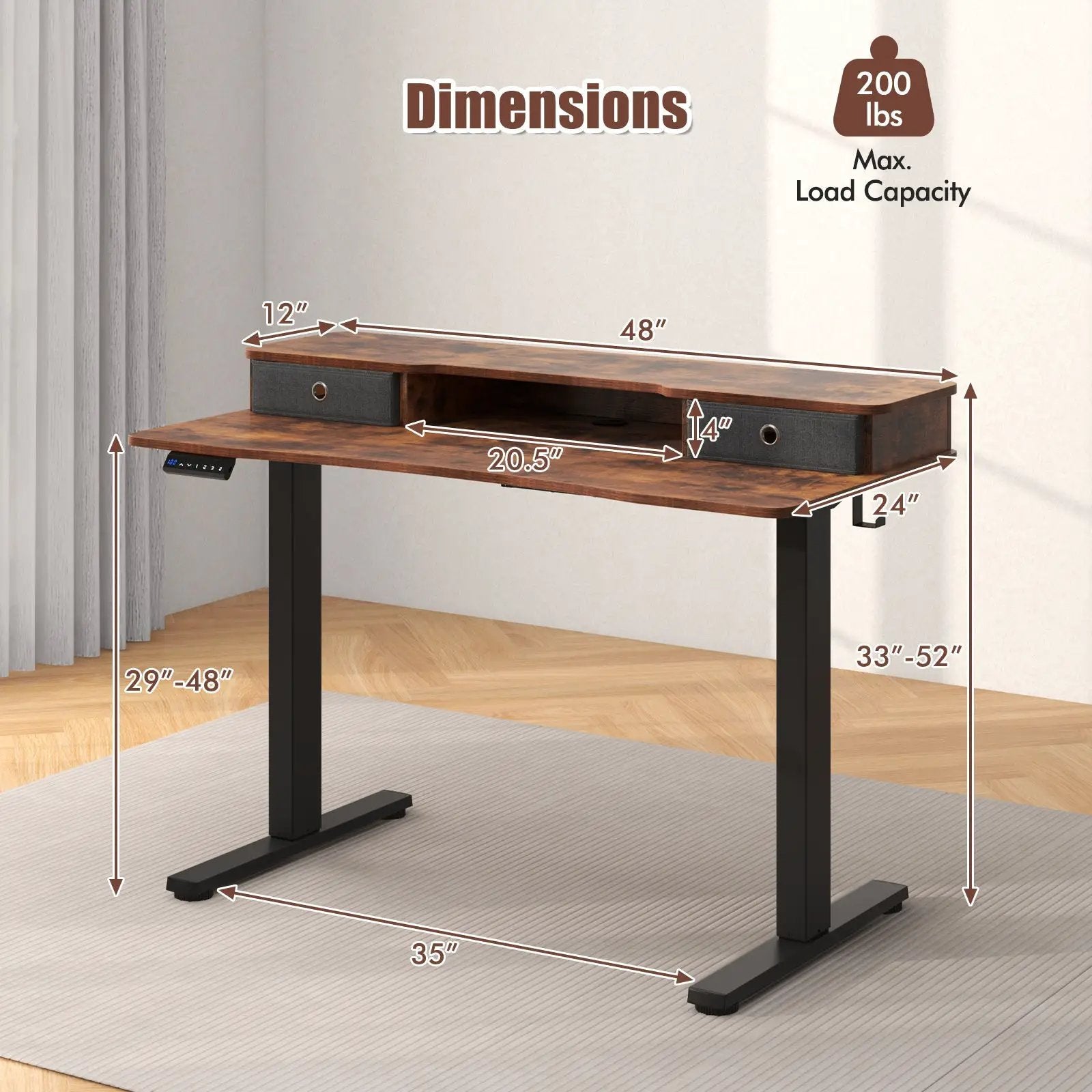 48 Inch x 24 Inch Height Adjustable Electric Standing Desk with 2 Drawers by DirectDeals