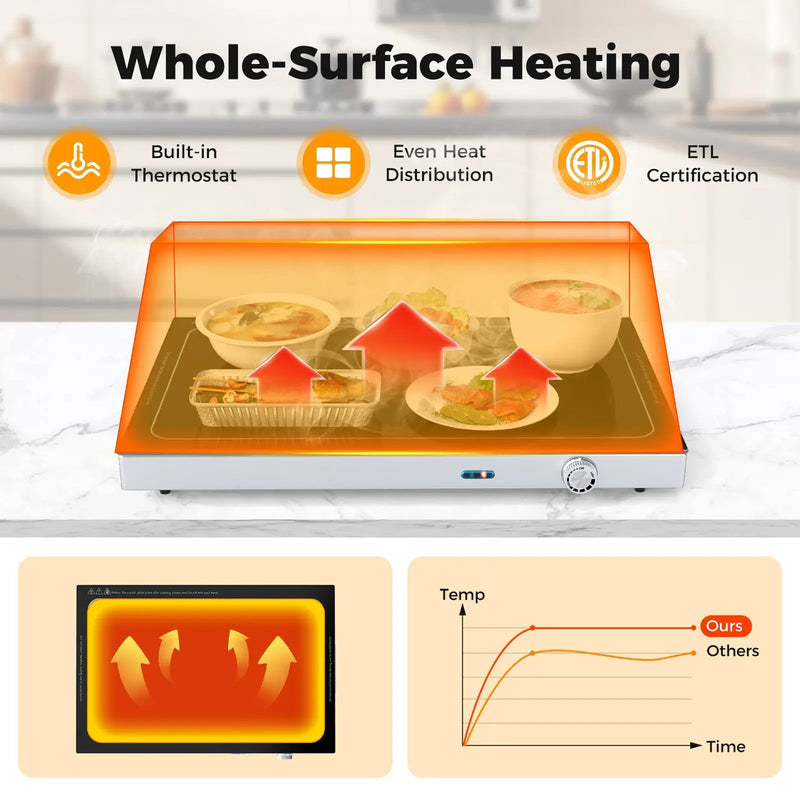 Electric Warming Tray with Adjustable Temperature and Built-In Handles Tempered Glass by DirectDeals