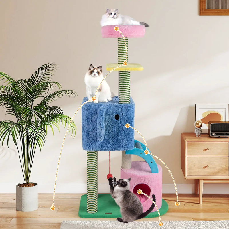 Elephant Themed Cat Tree for Adult Cats Multi-level Kitty Tower with 2 Condos by DirectDeals