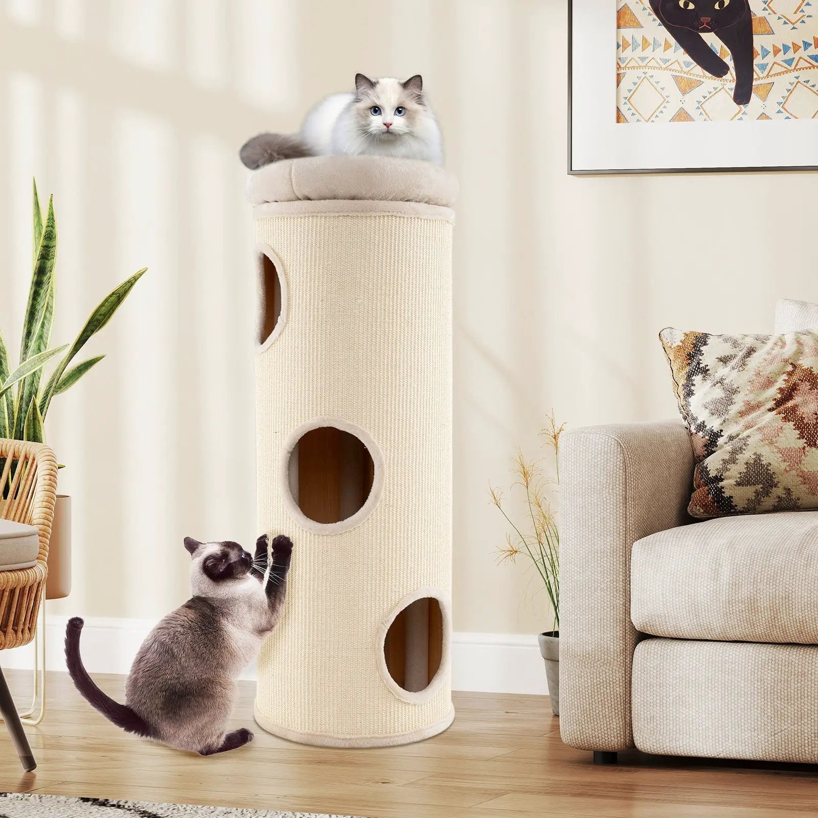 49 Inch Elevated Cat Cave 4-Story Cat House for Multiple Cats-Beige by DirectDeals
