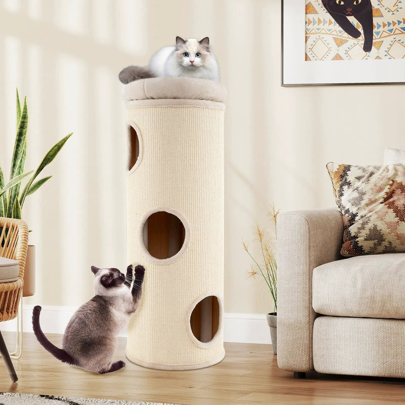 49 Inch Elevated Cat Cave 4-Story Cat House for Multiple Cats-Beige by DirectDeals