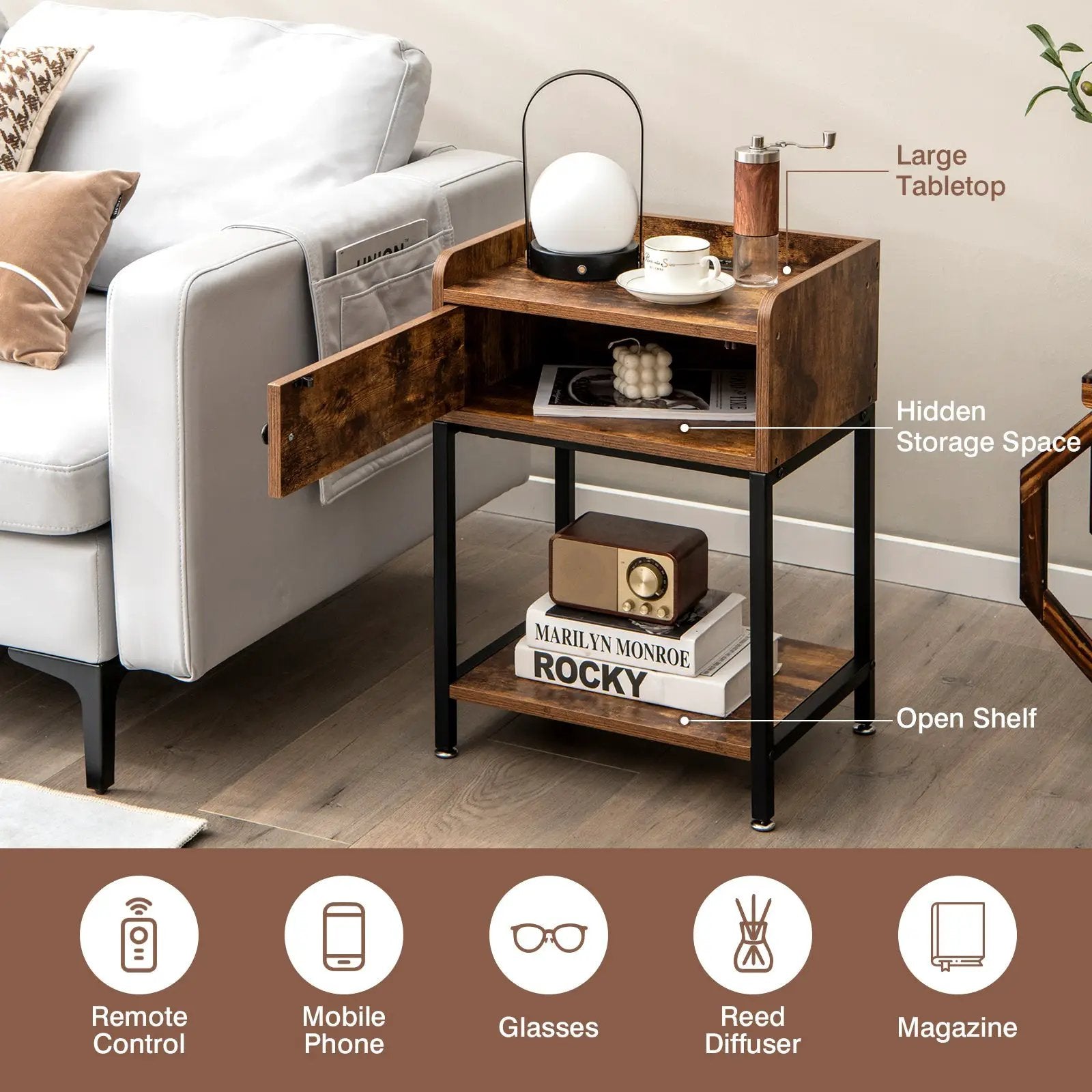 Lift Top End Table with Charging Station and Storage Shelves-Coffee by DirectDeals