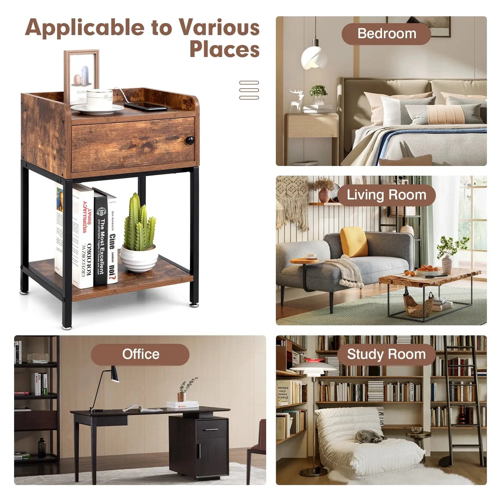Lift Top End Table with Charging Station and Storage Shelves-Coffee by DirectDeals