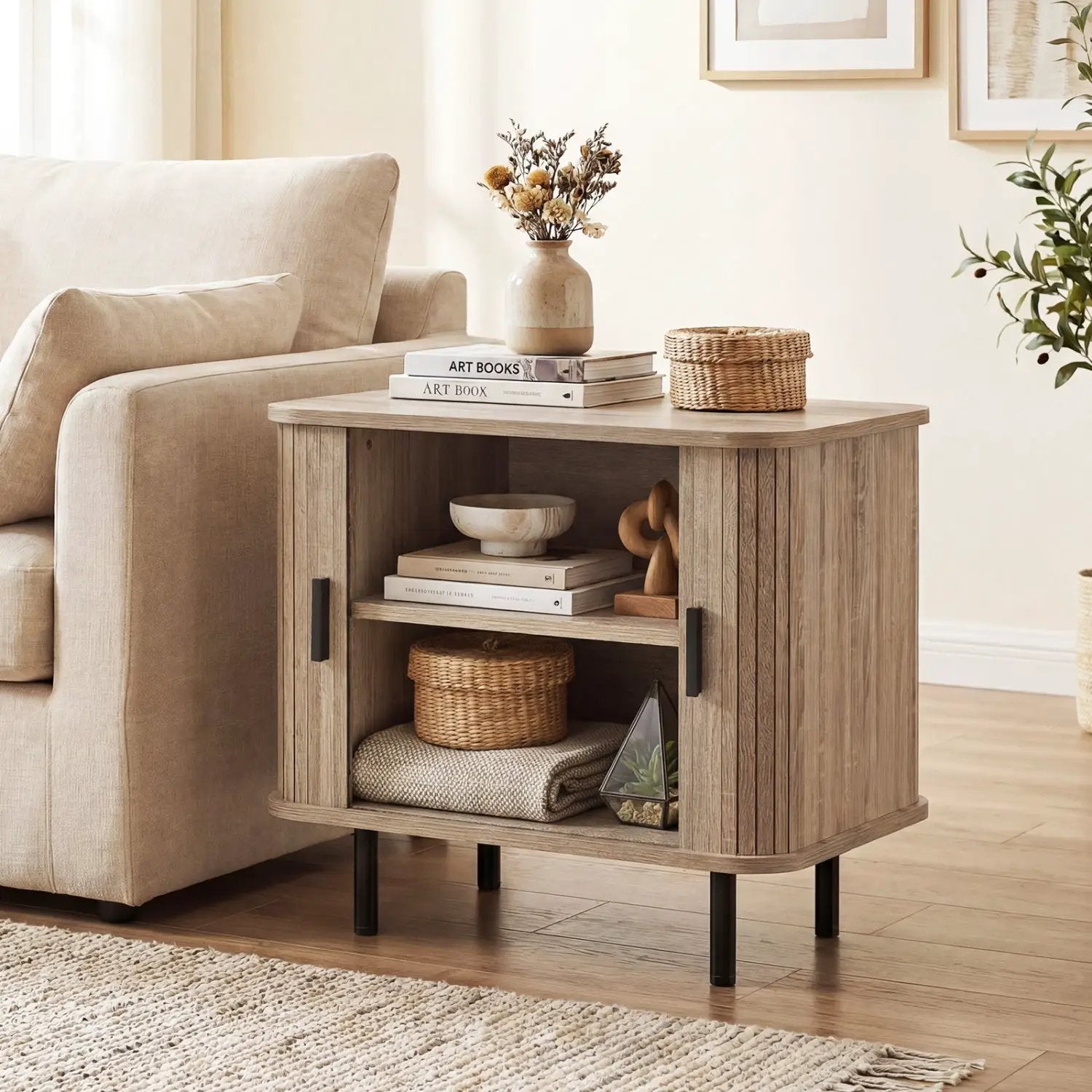 End Table Modern Mid Century Nightstand with Sliding Tambour Doors and Storage Shelf by DirectDeals