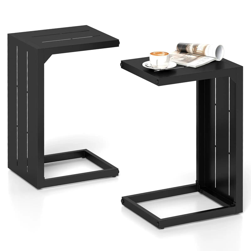 Set of 2 C-Shaped End Table with Adjustable Foot Pads for Indoors Outdoors-Black by DirectDeals