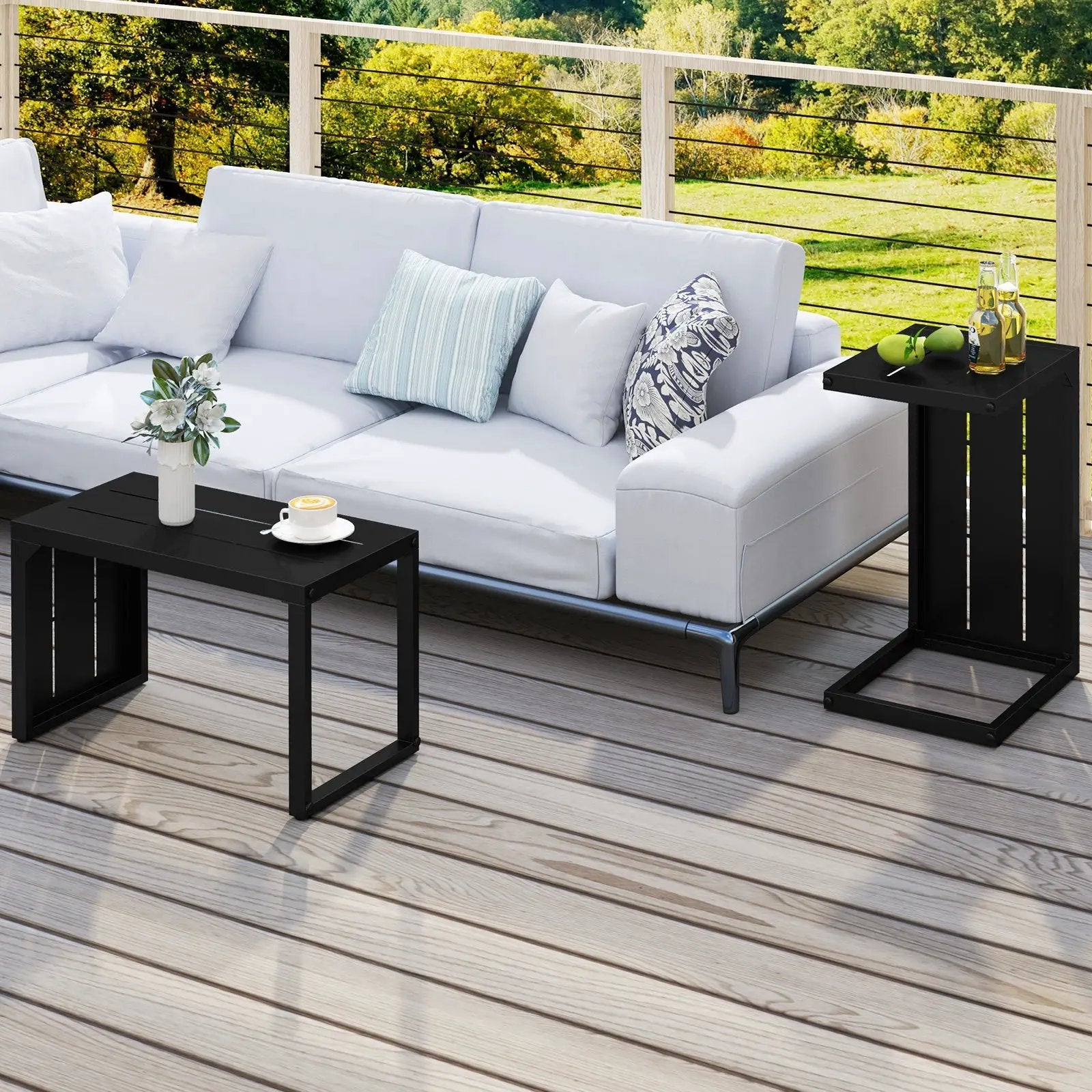Set of 2 C-Shaped End Table with Adjustable Foot Pads for Indoors Outdoors-Black by DirectDeals
