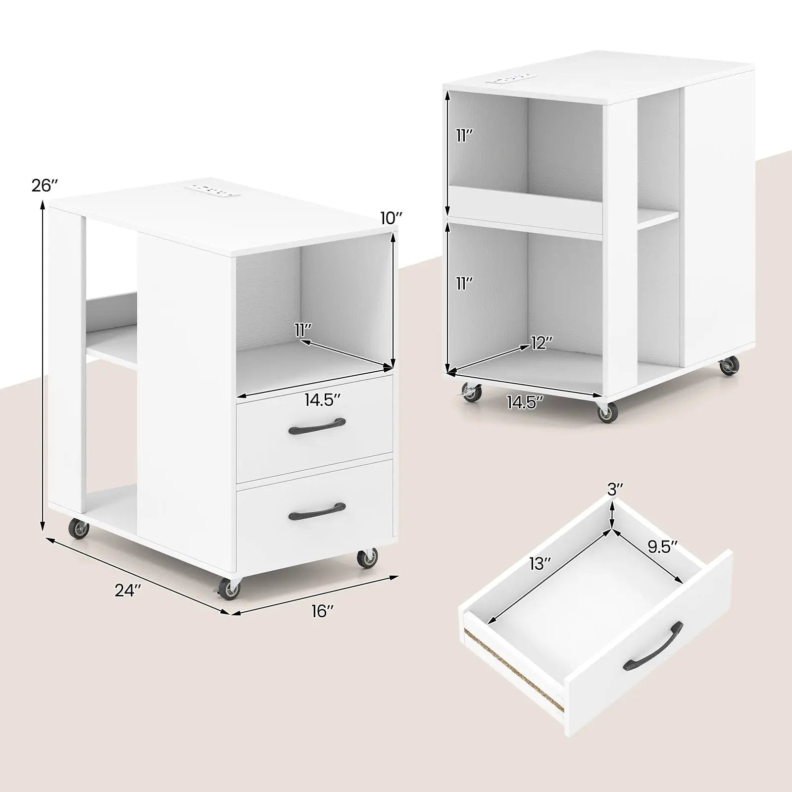 End Table with Built-in Charging Station Sofa Side Bedside Table on Wheels by DirectDeals