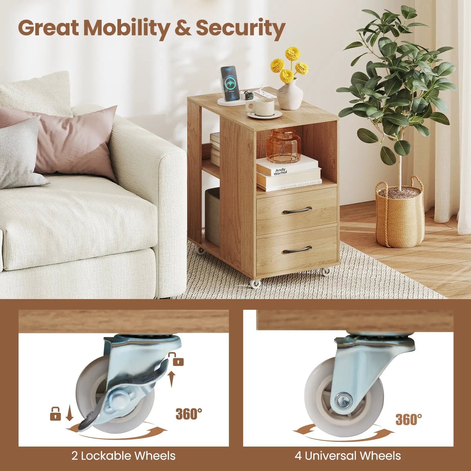 End Table with Built-in Charging Station Sofa Side Bedside Table on Wheels by DirectDeals