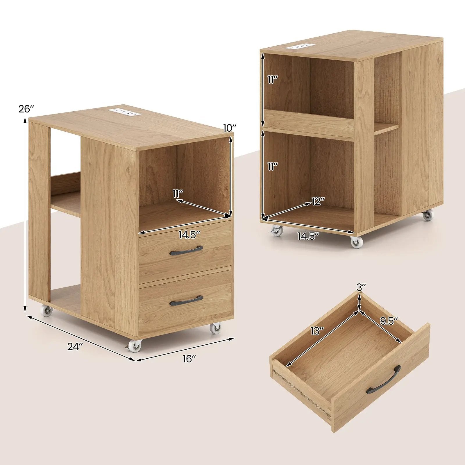 End Table with Built-in Charging Station Sofa Side Bedside Table on Wheels by DirectDeals