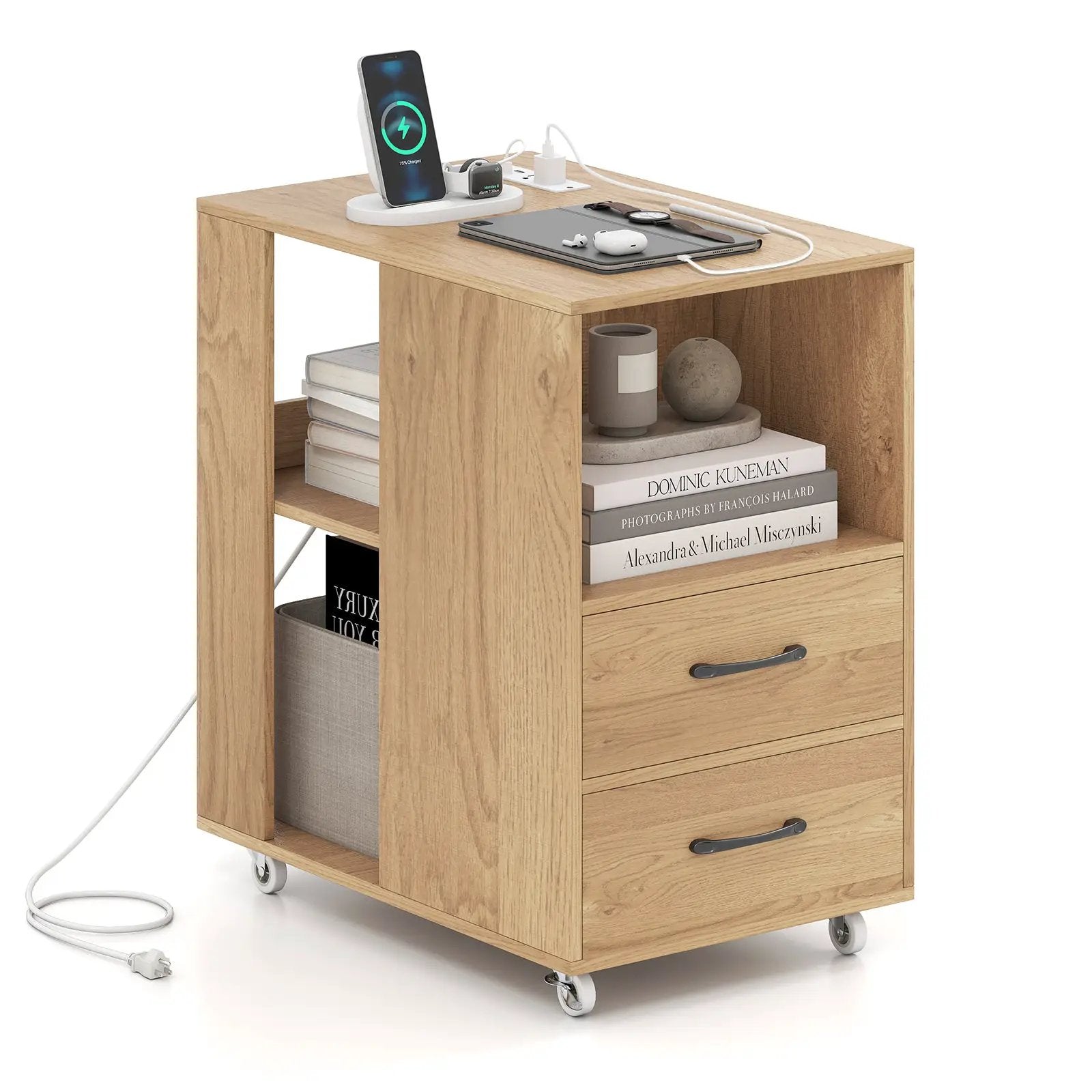End Table with Built-in Charging Station Sofa Side Bedside Table on Wheels by DirectDeals