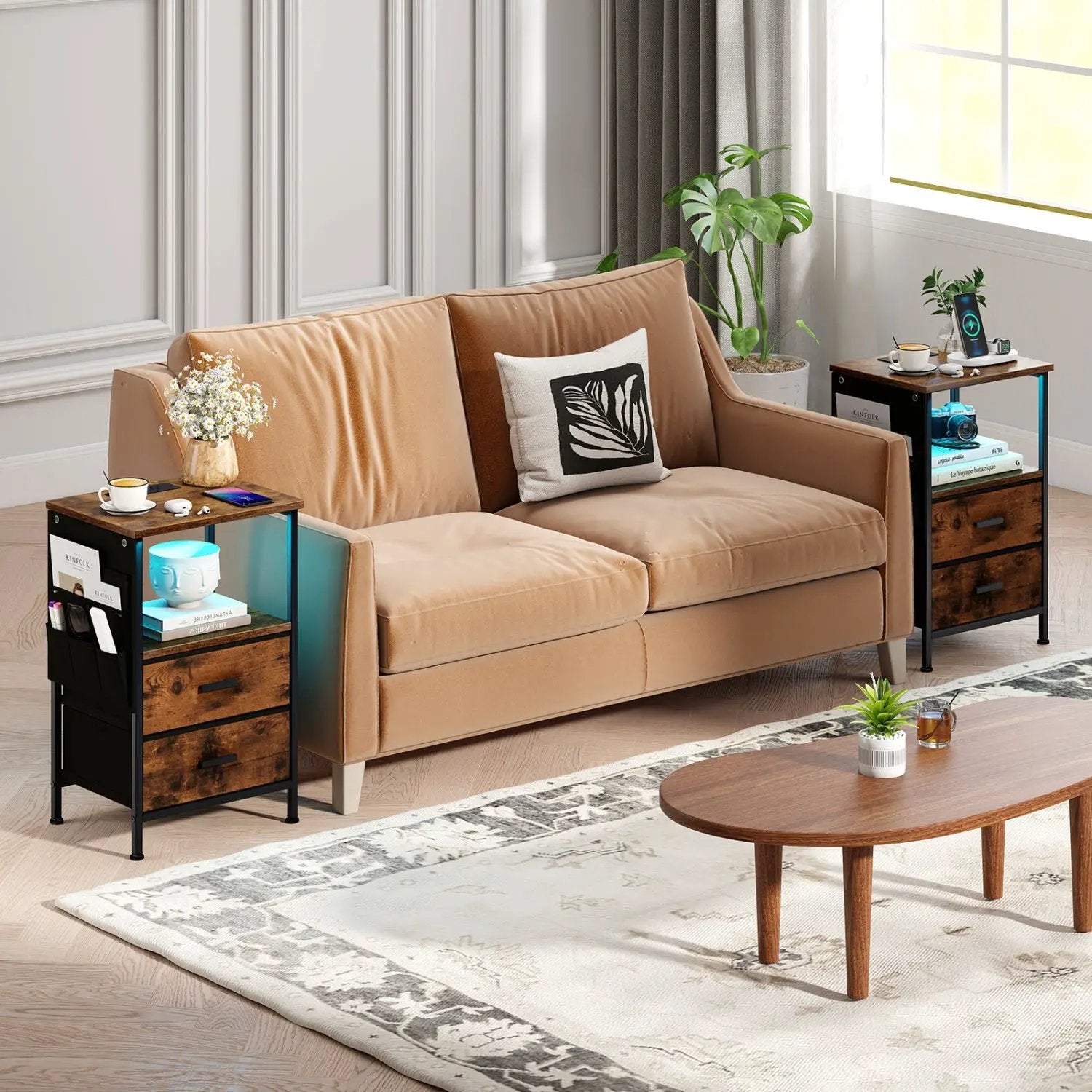 End Table with Charging Station Set of 2 Nightstand with 2 Folding Fabric Drawers by DirectDeals