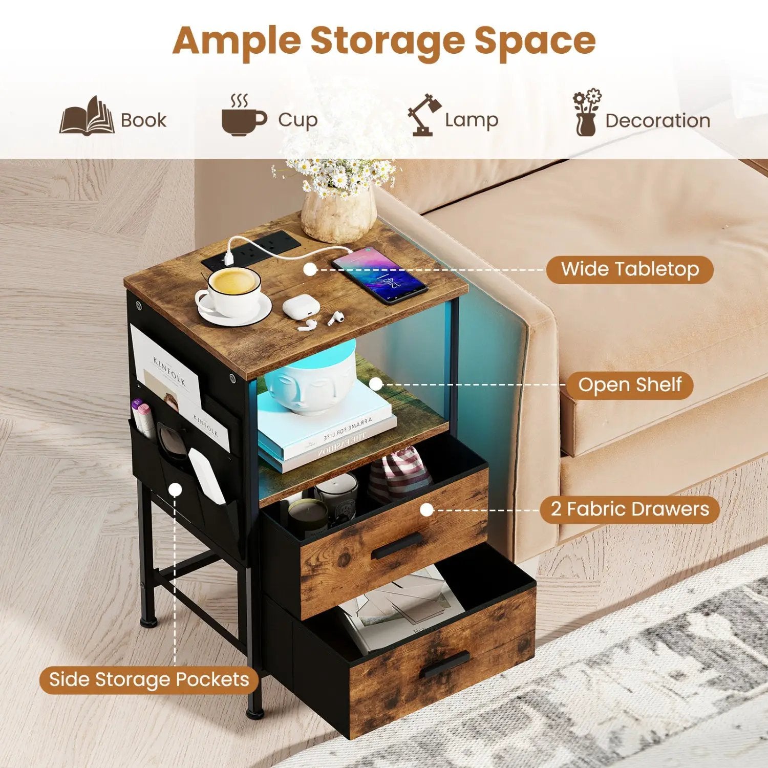 End Table with Charging Station Set of 2 Nightstand with 2 Folding Fabric Drawers by DirectDeals