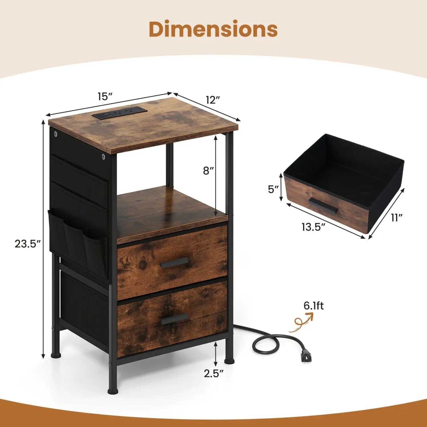 End Table with Charging Station Set of 2 Nightstand with 2 Folding Fabric Drawers by DirectDeals